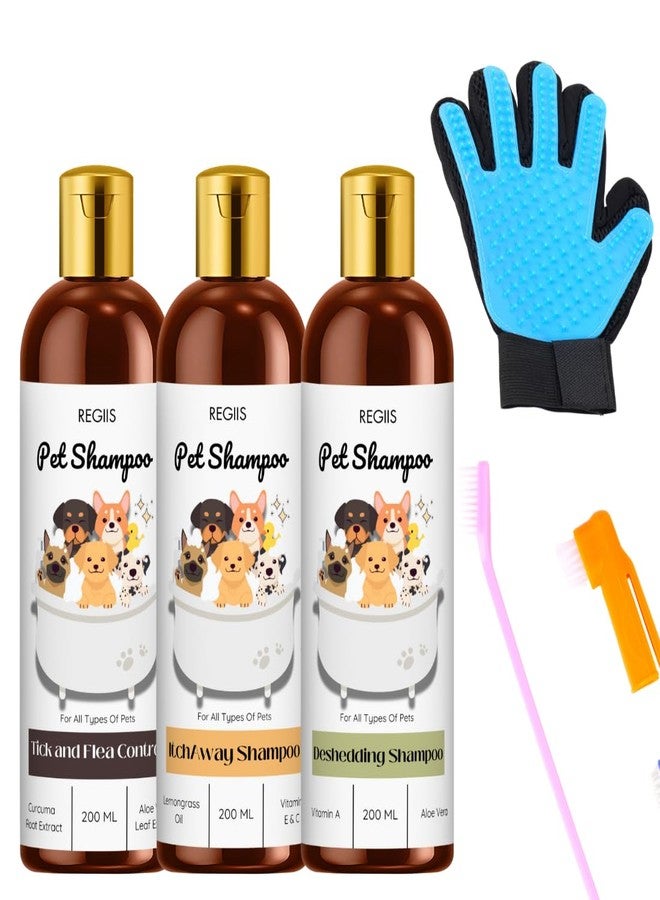 REGIIS Pet Shampoo Set with Grooming Glove, 3 Pack 200ml Dog Shampoo for Tick Control, Deshedding, Bath Wash, Includes Bathing Brush - Image 1